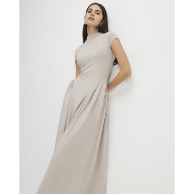 Beige Short Sleeve Fitted Waist Maxi Dress
