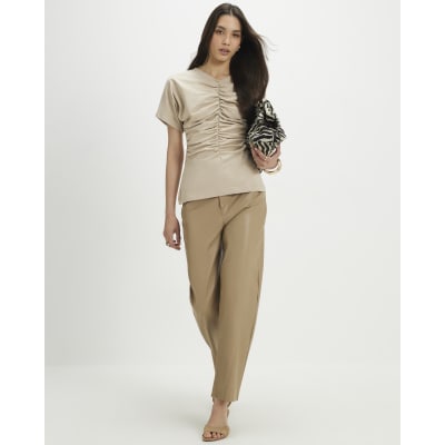 Beige Short Sleeve Ruched Front Top
