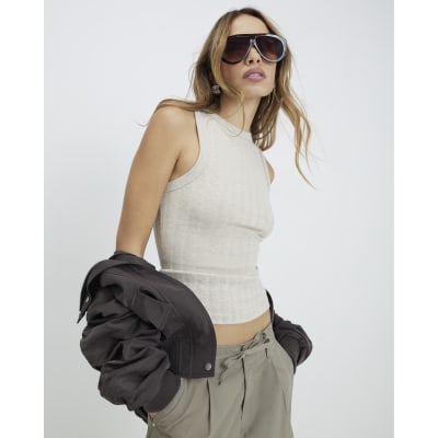 Beige Sleeveless Wide Ribbed Tank Top