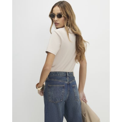 Beige Square Neck Fitted T-shirt