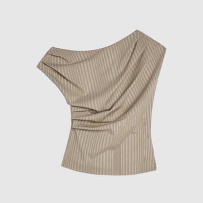 Beige Stretch Sleeveless Striped Drape Top