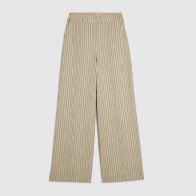Beige Stretch Striped Wide Leg Trousers