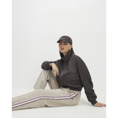 Beige Striped Tailored Wide Leg Joggers