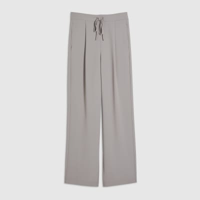 Beige Tailored Drawstring Wide Leg Trousers