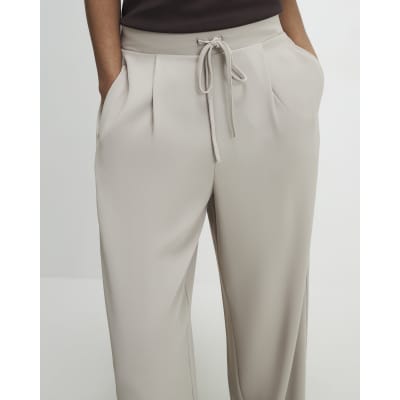 Beige Tailored Drawstring Wide Leg Trousers