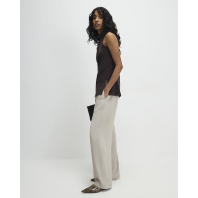 Beige Tailored Drawstring Wide Leg Trousers