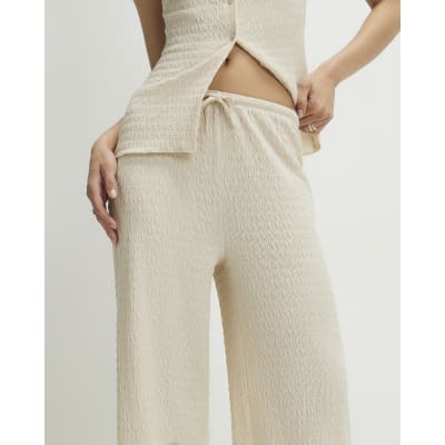 Beige Texture Drawstring Wide Leg Trousers