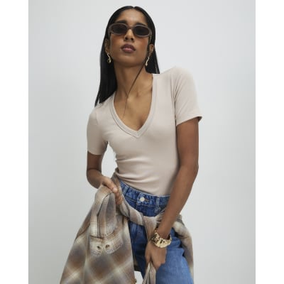 Beige V Neck T-Shirt