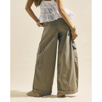 Beige Wide Leg Cargo Trousers