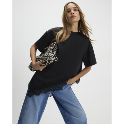 Black Asymmetric Lace Satin T-Shirt
