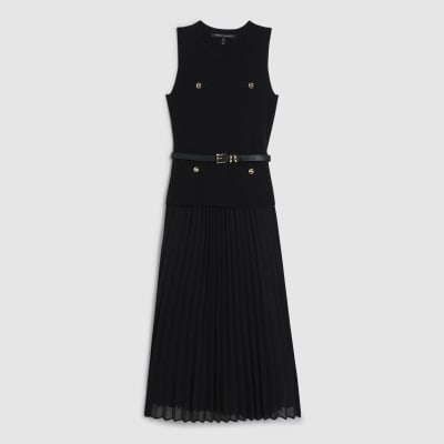 Black Belted Pleat Hem Midi Dress