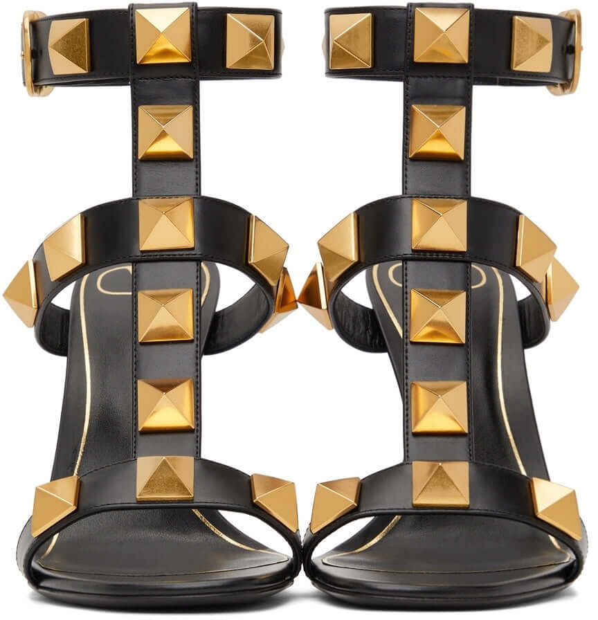 Valentino Garavani Black Calfskin Roman Stud 100 Heeled Sandals
