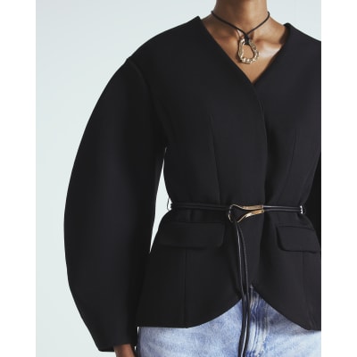 Black Cocoon Sleeve Belted Blazer