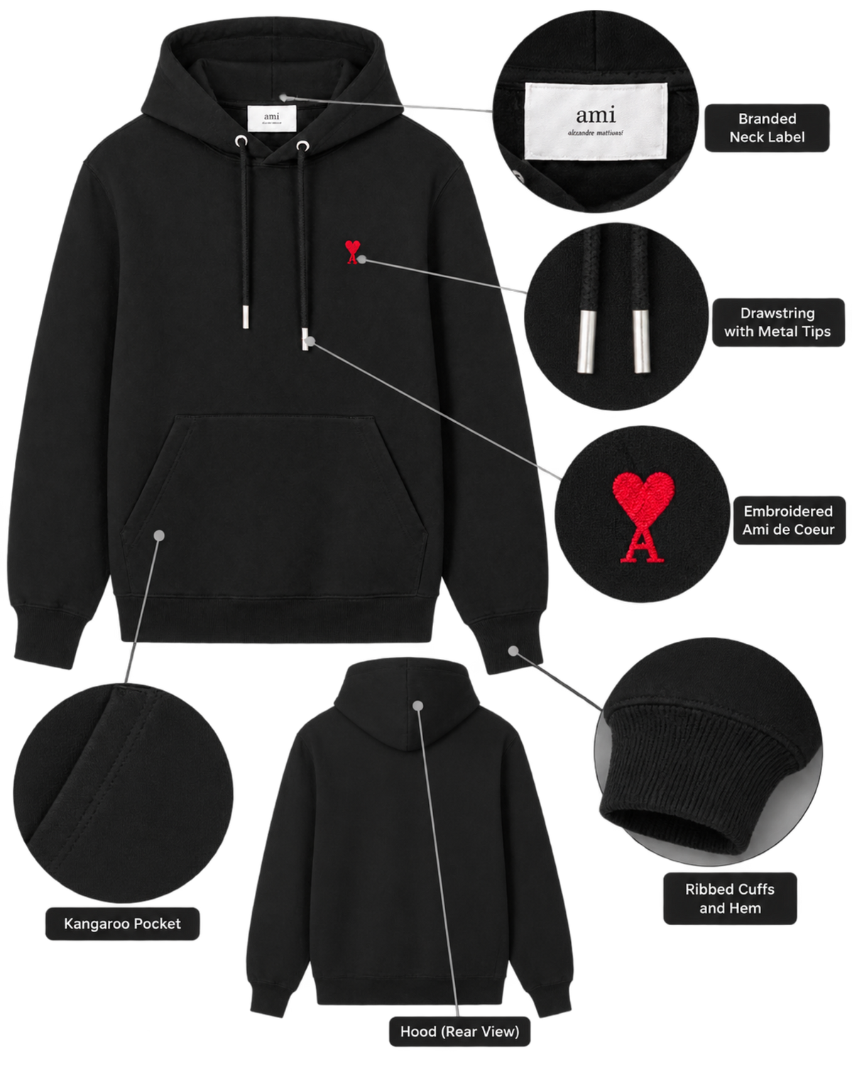Black cotton hoodie with Ami de Coeur