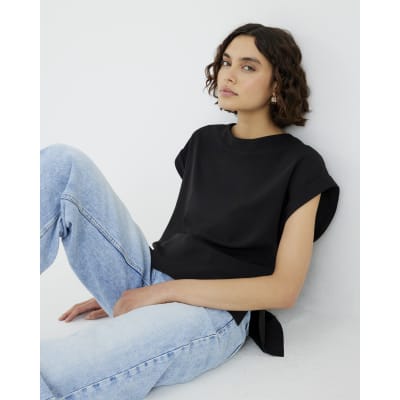 Black Crepe Turn Back Cuff T-Shirt