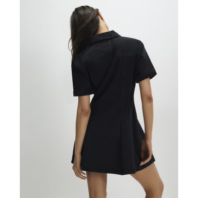 Black Denim Pleat Front Mini Dress