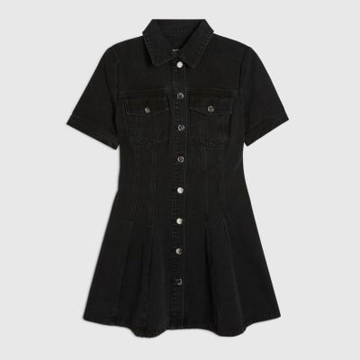 Black Denim Pleat Front Mini Dress