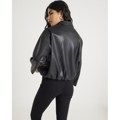 Black Faux Leather Bubble Hem Bomber Jacket