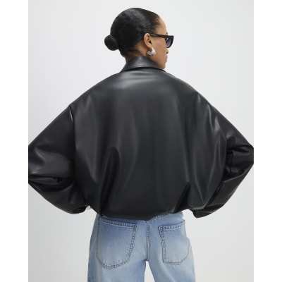 Black Faux Leather Bubble Hem Bomber Jacket