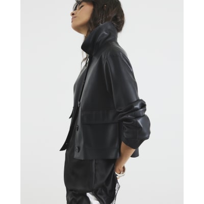 Black Faux Leather Button Through Jacket