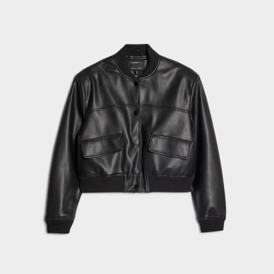 Black Faux Leather Cropped Bomber Jacket
