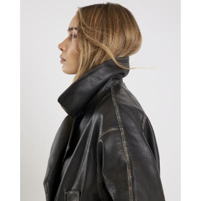 Black Faux Leather Double Breasted Jacket