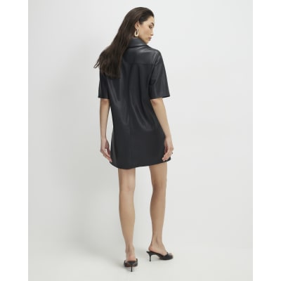 Black Faux Leather Pocket Detail Shirt Dress