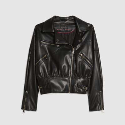 Black Faux Leather Waisted Biker Jacket
