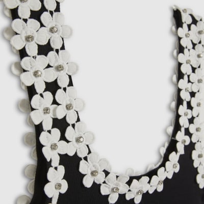 Black Floral Diamante Trim Tank Top