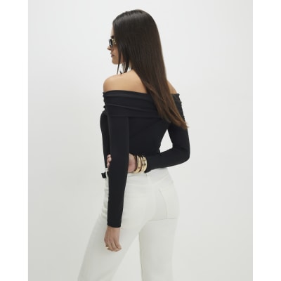 Black Fold Over Long Sleeve Bardot Top