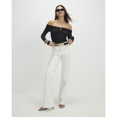 Black Fold Over Long Sleeve Bardot Top