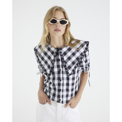 Black Gingham Short Sleeve Collared Shirt
