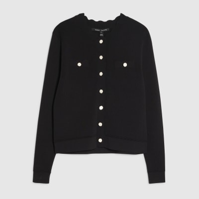 Black Knit Fitted Scallop Trim Cardigan