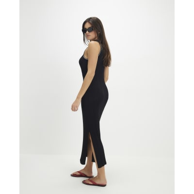 Black Knitted Racer Neck Ribbed Midi Dress