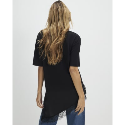 Black Lace Hem Aysmmetric T-Shirt