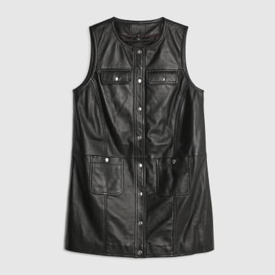 Black Leather Pinafore Mini Dress