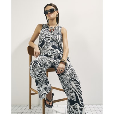 Black Linen Blend Palm Print Beach Trousers