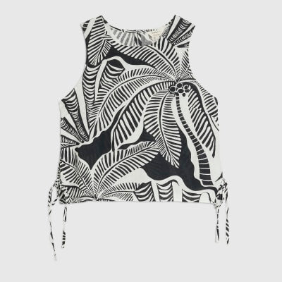 Black Linen Blend Palm Print Tank Top