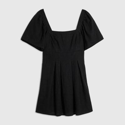 Black Linen Blend Shirred Mini Dress