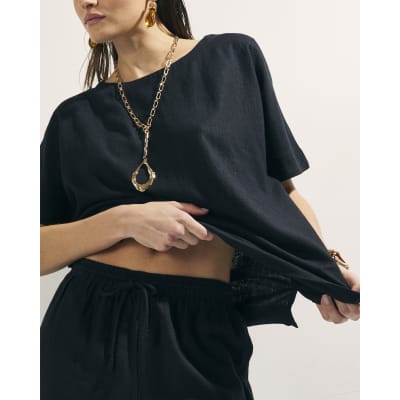Black Linen Blend Short Sleeve Top