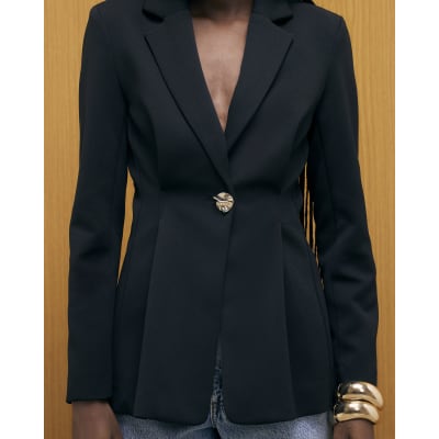 Black Long Sleeve Cinched Waist Blazer