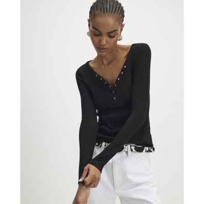 Black Long Sleeve Popper Ribbed Top