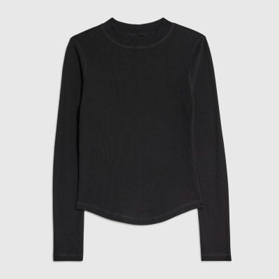 Black Long Sleeve Ribbed Crew Neck Top