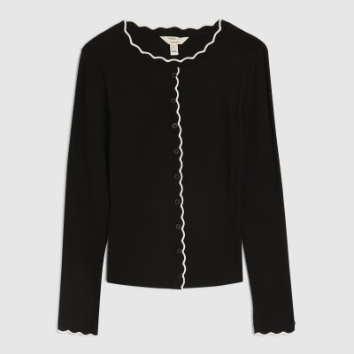 Black Long Sleeve Scallop Trim Button Top