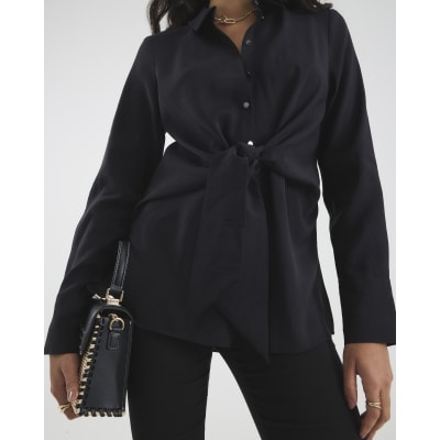 Black Long Sleeve Tie Waist Shirt