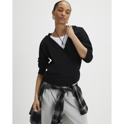 Black Long Sleeve Wrap Front Hoodie