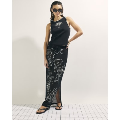 Black Palm Embroidered Sarong Skirt