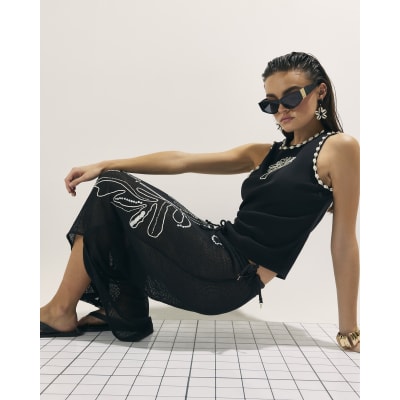 Black Palm Embroidered Sarong Skirt