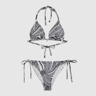 Black Palm Tree Print Bikini Set