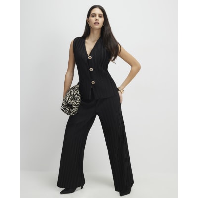 Black Plisse Wide Leg Trousers